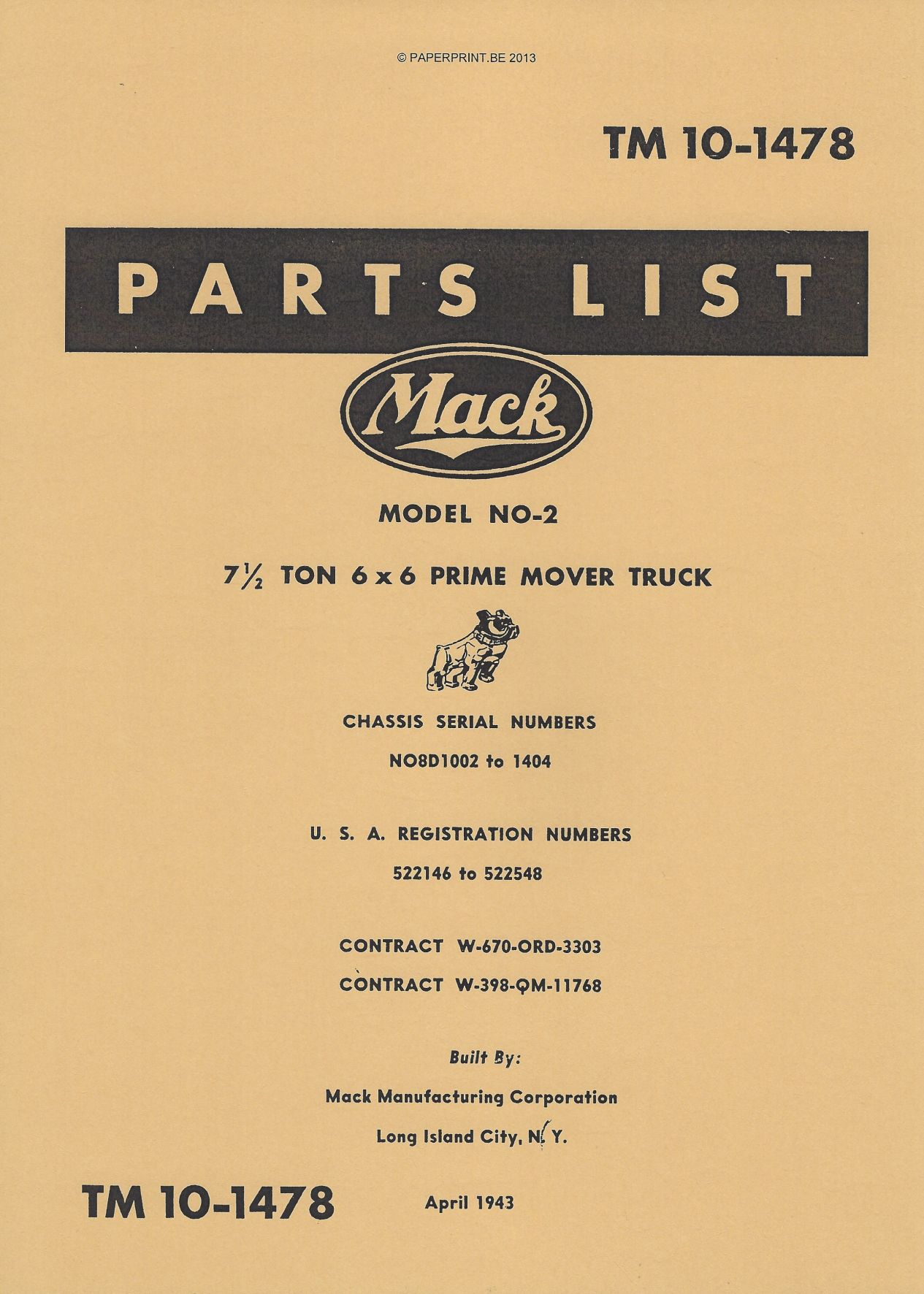 TM 10-1478 US PARTS LIST FOR 7½ - TON  6x6 PRIME MOVER TRUCK (MACK NO-2)